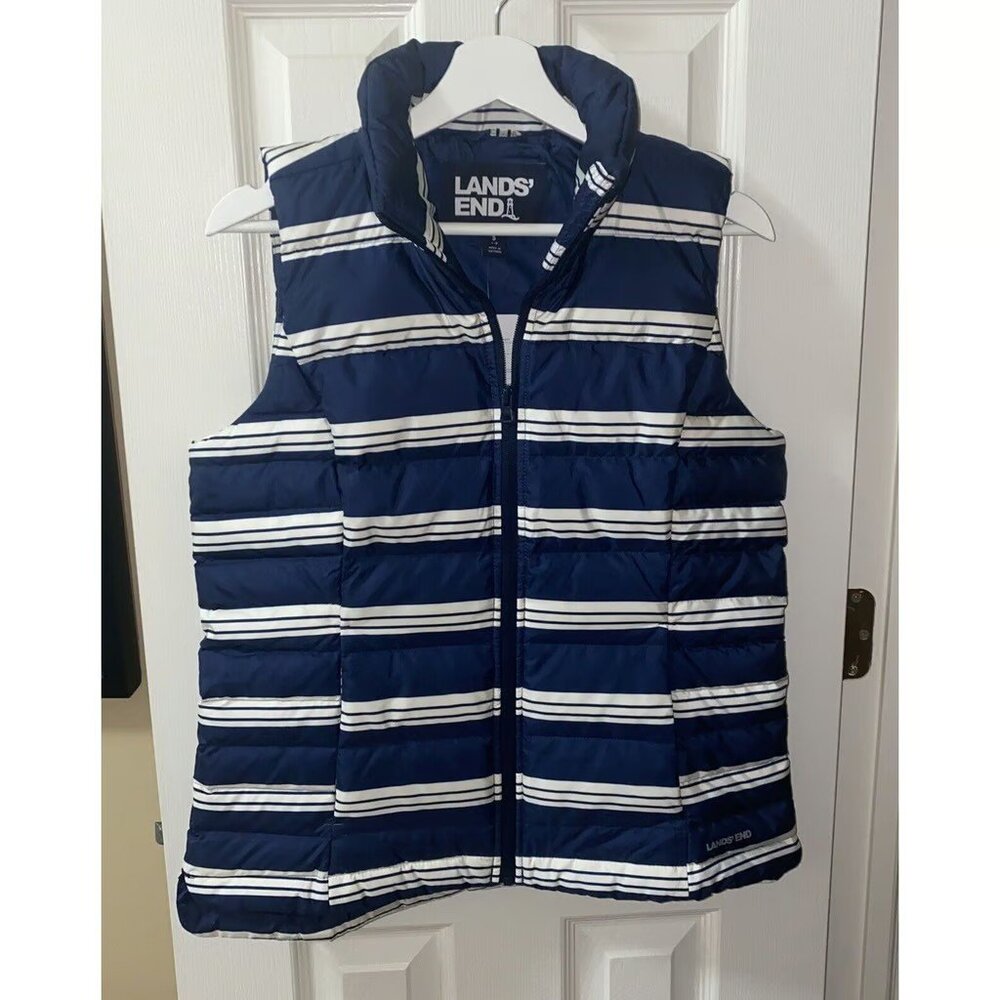 Lands' End Size Small Navy Blue White Striped 600 Fill Down Puffer Vest NWOT
